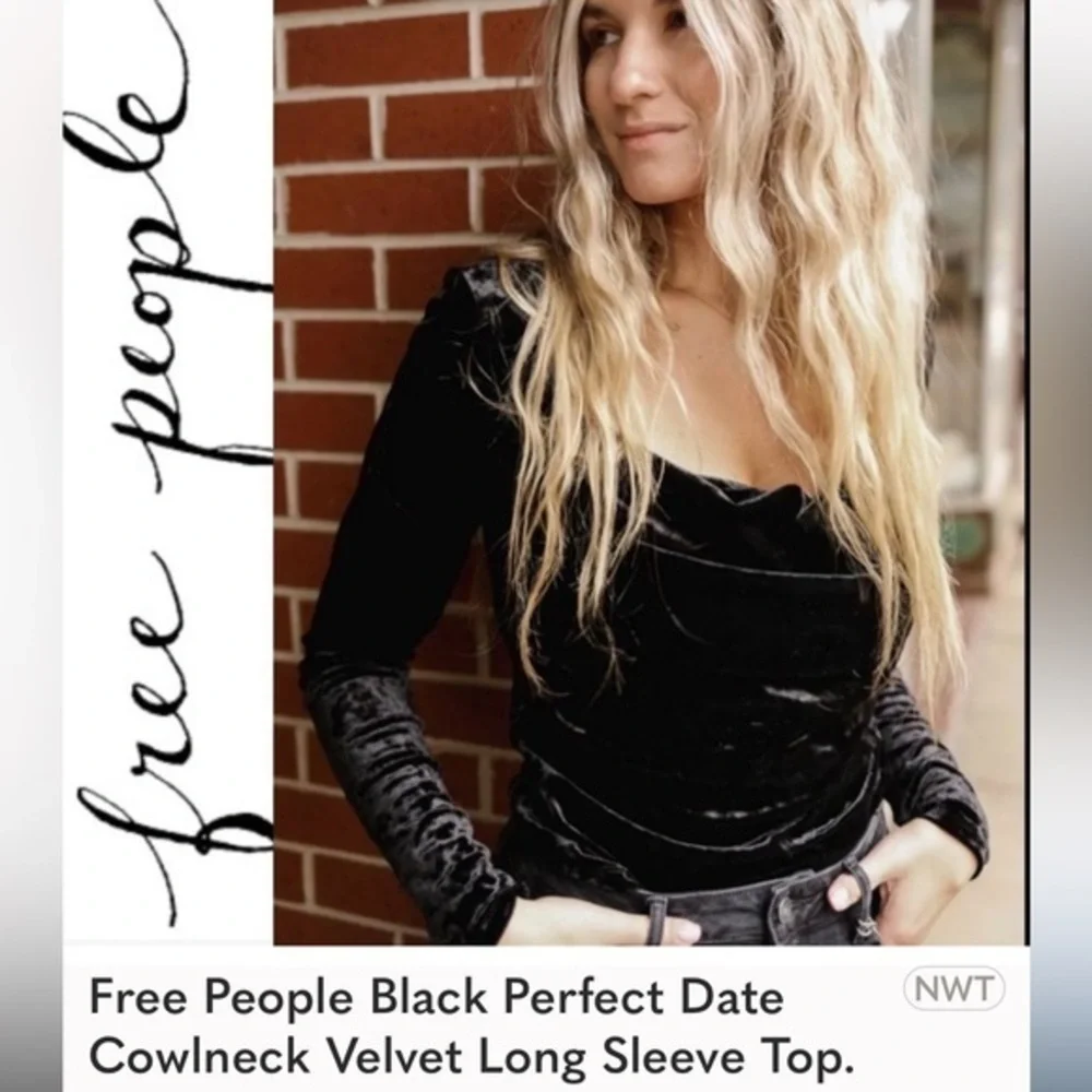 Free People Perfect Date Night Black Velvet Long Sleeve Relaxed Cowl Neck NWT XS